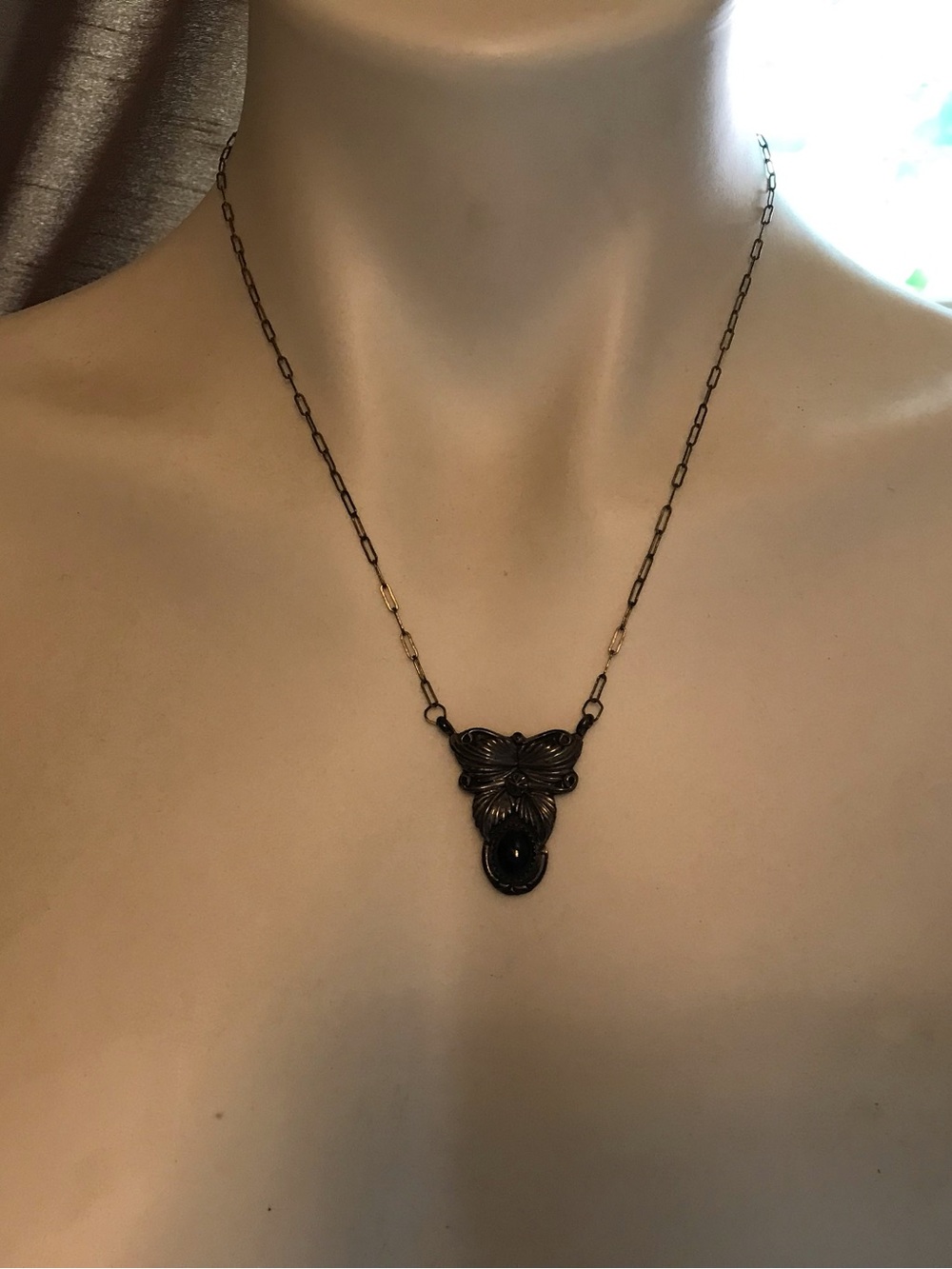 Sterling Silver Black Onyx Vintage Floral Pendant Navajo Necklace